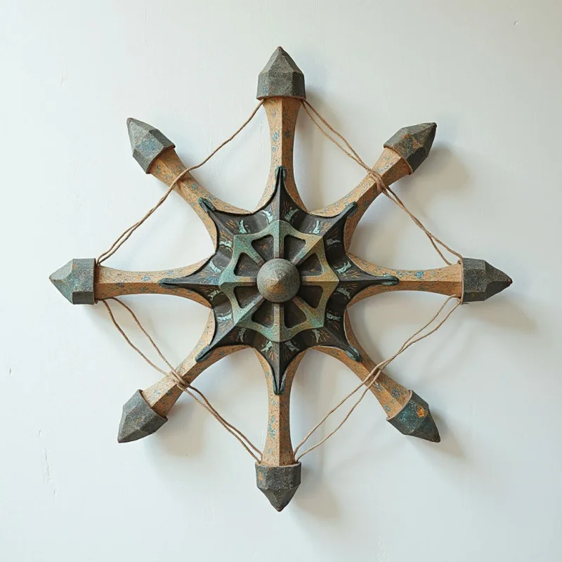 A central conical hub radiates eight pointed, tapered arms in a symmetrical starburst pattern against a flat white background. The object features a weathered texture with earthy tones of ochre and rust accented by teal-colored crevices. Thin, curved cords connect the outer points of the arms, creating a series of interconnected geometric loops around the central form.