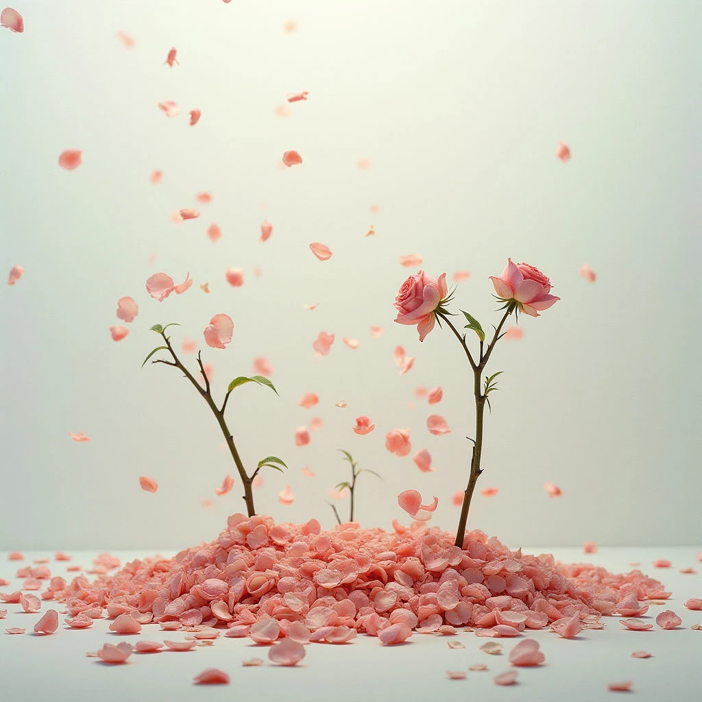 Pale pink roses bloom from a mound of scattered rose petals against a soft, neutral background. Petals are falling all around the flowers, creating a gentle and ethereal atmosphere. The overall effect is delicate and dreamlike, suggesting growth emerging from decay or remembrance.