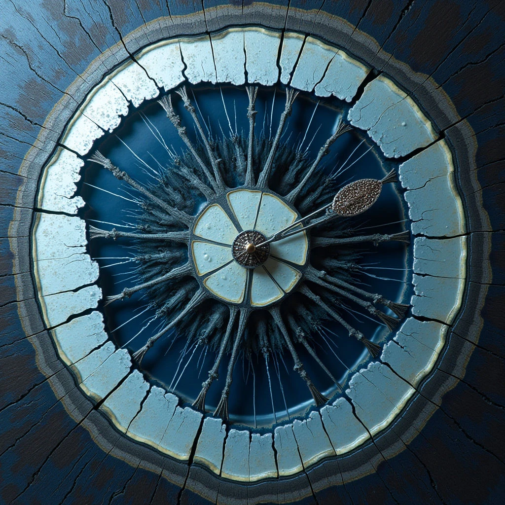 The image features a radial composition dominated by shades of blue and beige, with darker navy tones forming an outer ring. A central hub of textured beige gives way to branching, fibrous dark shapes extending outwards, contrasted by a lighter, cracked beige perimeter. Light appears diffuse, highlighting the textures of both the smooth center and rougher surrounding elements within a shallow depth of field.