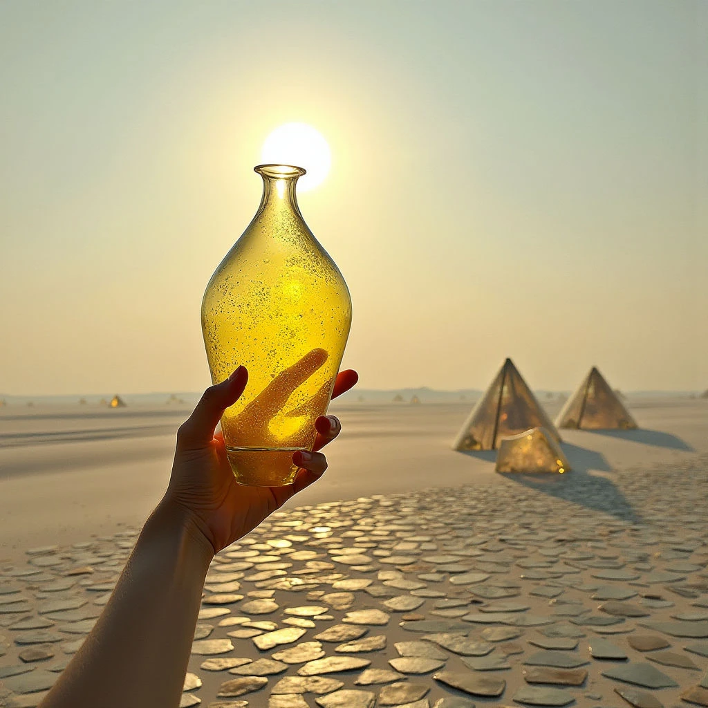 The image features a predominantly warm color palette of yellows, tans, and soft oranges, with a bright white sun positioned in the upper center. A translucent glass vessel filled with golden particles is held aloft by a hand in the foreground, contrasting with the rough texture of the patterned ground plane and the smooth surfaces of pyramidal forms receding into the distance. Light sources create strong shadows extending from the pyramids and illuminate the vessel, emphasizing its shape against the hazy background.