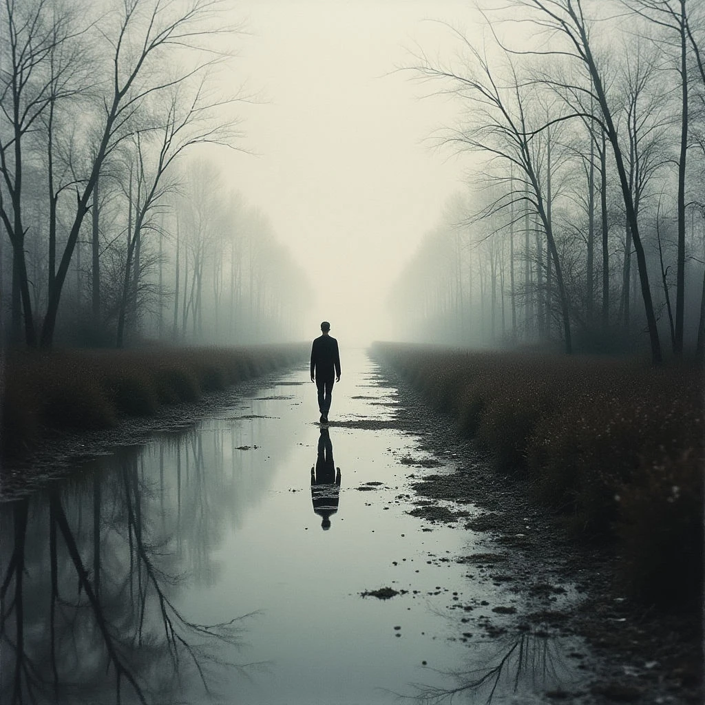 A lone figure walks down a wet, narrow road through a dense forest shrouded in thick fog. Bare trees line the path, their reflections mirrored perfectly in the puddles covering the ground. The scene is muted and gray, creating an atmosphere of solitude and perhaps melancholy.