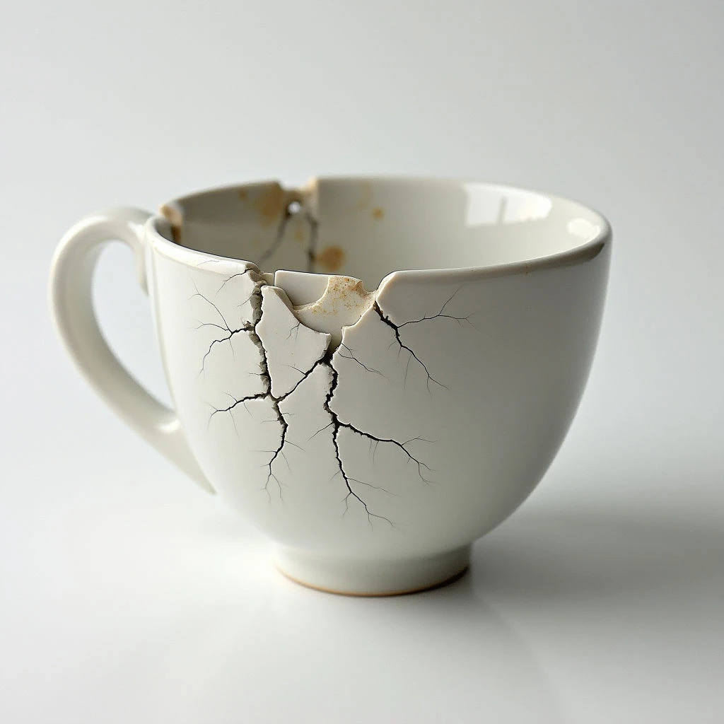A white ceramic mug sits against a pale background, visibly broken and cracked along one side. Stains ring the interior of the cup, suggesting it once held liquid. The damage is extensive, with several pieces missing from the rim.