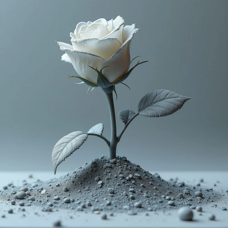 A single white rose with delicate, layered petals rises from a small mound of coarse, grey granular soil. The composition features smooth, organic curves of the flower and leaves contrasted against the rough, pebbly texture of the earth. Soft, diffused light illuminates the scene against a muted, monochromatic grey background, creating a sense of shallow depth.