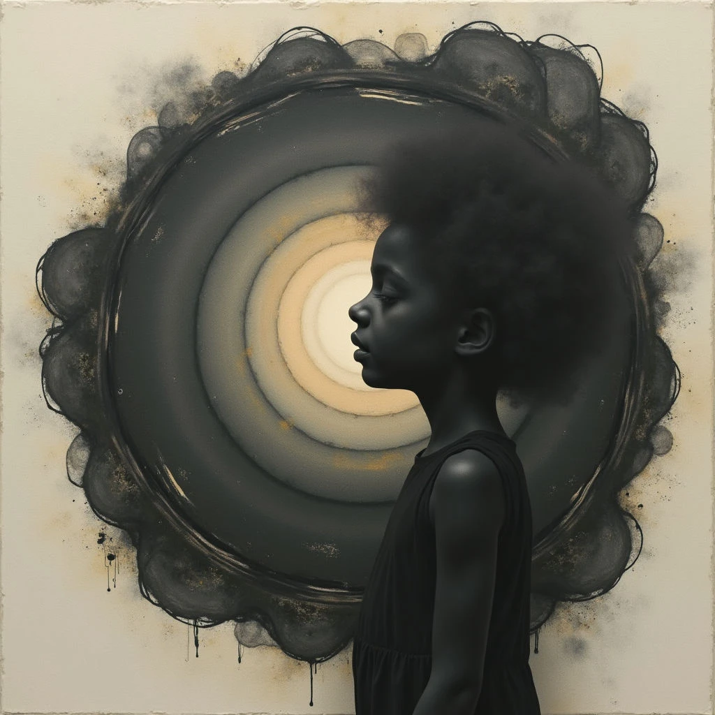 A young Black girl with her eyes closed stands in profile, facing a radiant golden light source. She is framed by a dark, swirling halo that seems to both surround and emanate from the brightness behind her. The image has a contemplative mood, suggesting introspection or a spiritual connection.