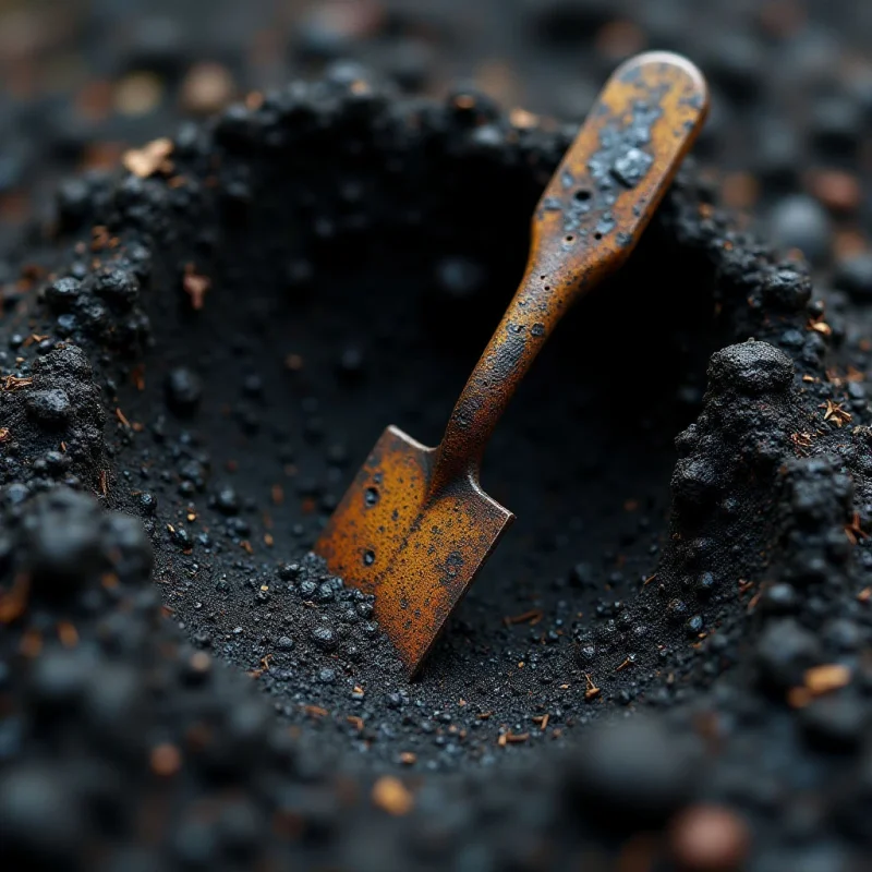 A wooden-textured tool with a rectangular head rests within a dark, granular depression of black, pebbly soil. The composition features organic, irregular shapes and a high contrast between the warm brown tones of the object and the deep charcoal shadows. Soft light illuminates the central texture of the coarse ground while blurring the surrounding landscape into dark, indistinct forms.