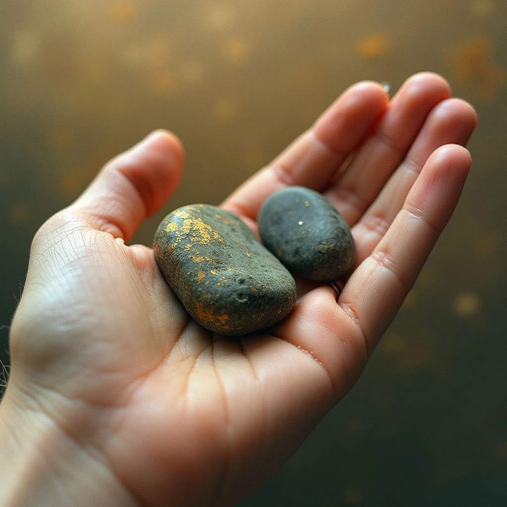 The image features a pale hand holding two dark, smooth stones against a blurred background of muted greens and golds. The stones are oval in shape with speckled textures, contrasting with the relatively soft texture of the skin. Light appears to be focused on the palm and stones, creating highlights and shadows that emphasize their form within the open space of the hand.