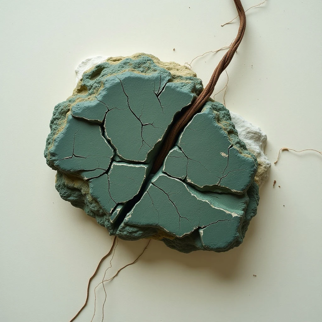 The image features a roughly heart-shaped form composed of cracked teal paint over a coarse, white textured surface. A thin, brown vine-like strand bisects the shape vertically and extends outwards with fragmented pieces trailing below it on a smooth, pale background. Soft, diffused light illuminates the scene evenly, minimizing strong shadows and highlighting the varied textures.