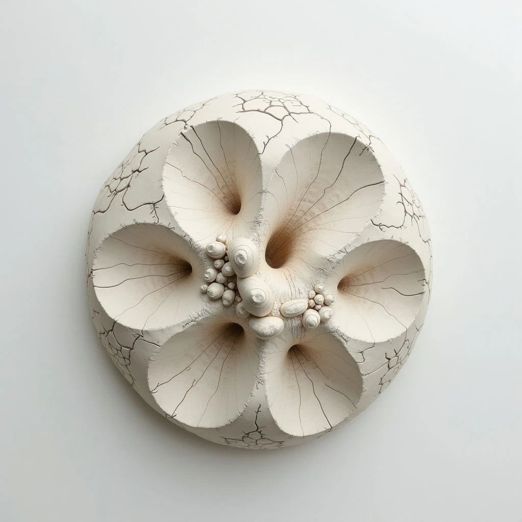 A large, spherical sculpture with a cracked, off-white surface hangs against a neutral background. The sphere is divided into petal-like sections with deep grooves radiating from a central cluster of rounded bumps. Fine lines resembling veins or fractures cover the entire piece, giving it an organic and aged appearance.