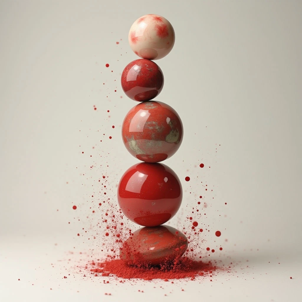 A stack of five glossy, reddish spheres balances precariously on a neutral background. Red powder bursts around the lower orbs, suggesting impact and instability. The topmost sphere is lighter in tone with subtle red markings, while the others deepen in color towards the base.