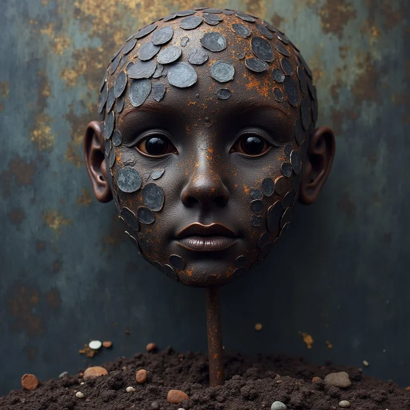 A dark, metallic humanoid head is partially covered in overlapping circular discs and sits atop a thin vertical stem emerging from dark, granular soil. The composition features deep brown and bronze tones set against a mottled, textured blue and gold background. Soft light creates subtle highlights on the rounded surfaces of the face and scales, establishing a shallow depth between the central figure and the backdrop.