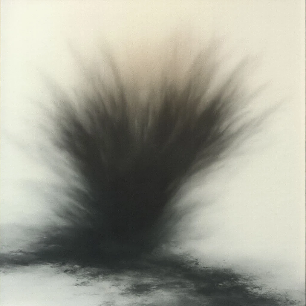 A dark, amorphous shape dominates the center of a pale background, resembling an explosion or spreading cloud. The edges are soft and blurred, with wisps extending outward from a dense core. A faint, similar form lies at the base, suggesting movement or continuation.