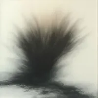 A dark, amorphous shape dominates the center of a pale background, resembling an explosion or spreading cloud. The edges are soft and blurred, with wisps extending outward from a dense core. A faint, similar form lies at the base, suggesting movement or continuation.