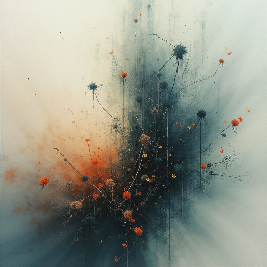 Delicate stems with small, spherical orange blossoms rise from a dark central mass against a pale, hazy background. The composition is split into cool blues and warm peach tones, creating an ethereal, dreamlike quality. Wispy lines and blurred textures suggest movement and fragility within the abstract floral arrangement.