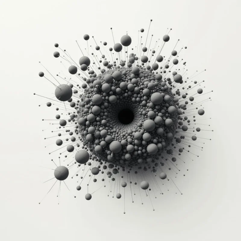 A dense sphere composed of countless smaller spheres is shown against a pale background. Many tiny lines radiate outward from the larger form, connecting to even more small spheres that drift away into space. A dark void sits at the center of the main sphere, suggesting depth and an internal pull.