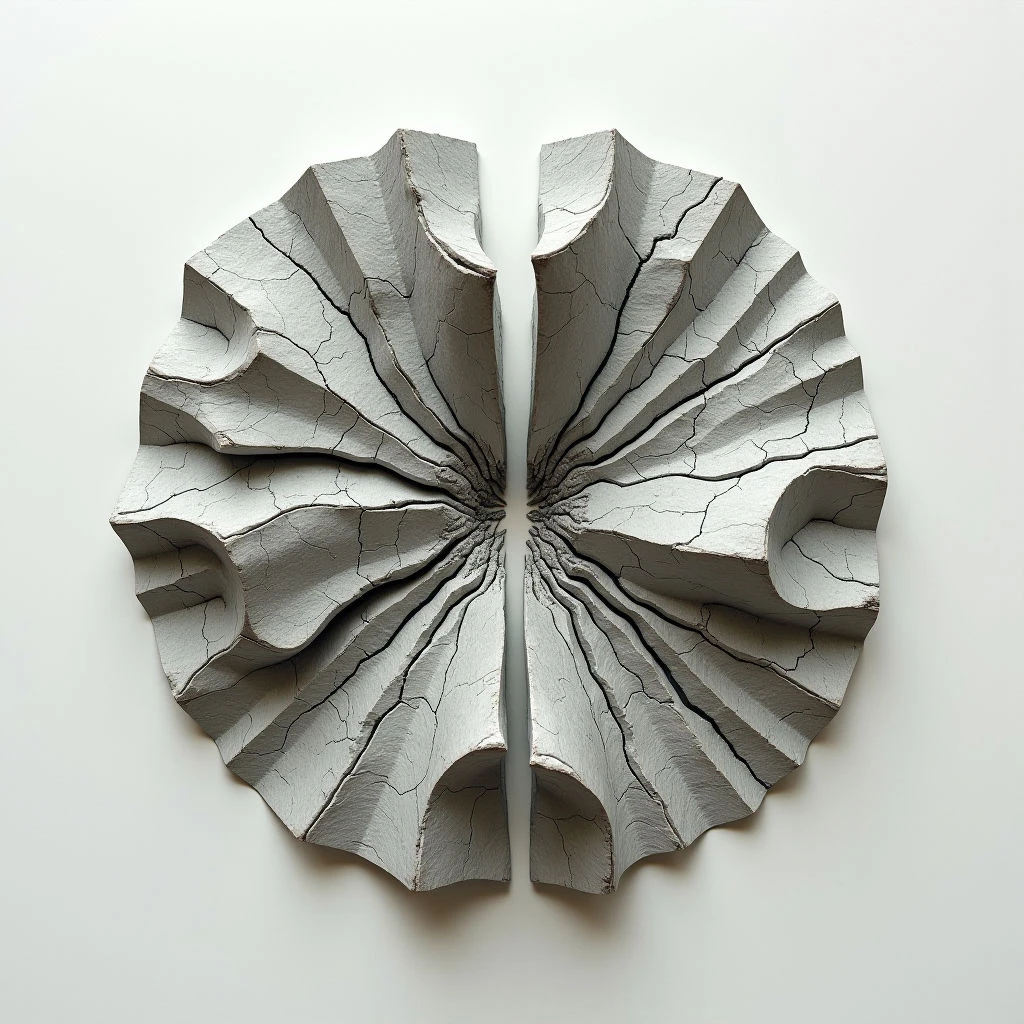 A circular, segmented form with a cracked surface dominates the frame against a white background. The shape resembles a flower or radiating sunburst that has been split perfectly down the middle. Deep fissures run along each segment, giving the impression of dried earth or aged material.