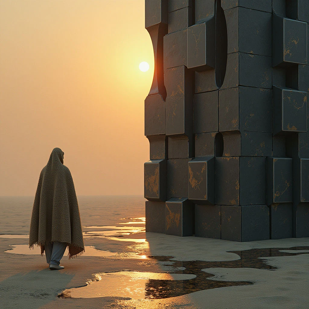 The scene is dominated by warm tones of orange and gold from a low sun setting over a calm body of water, contrasting with the cool gray of a large, blocky structure on the right. The structure features numerous recessed square openings and appears textured, while a figure draped in a similarly-colored fabric stands facing away in the foreground, partially obscuring the reflective wet sand. Spatial relationships suggest distance between the figure and the structure, with the sun acting as a focal point beyond both elements.
