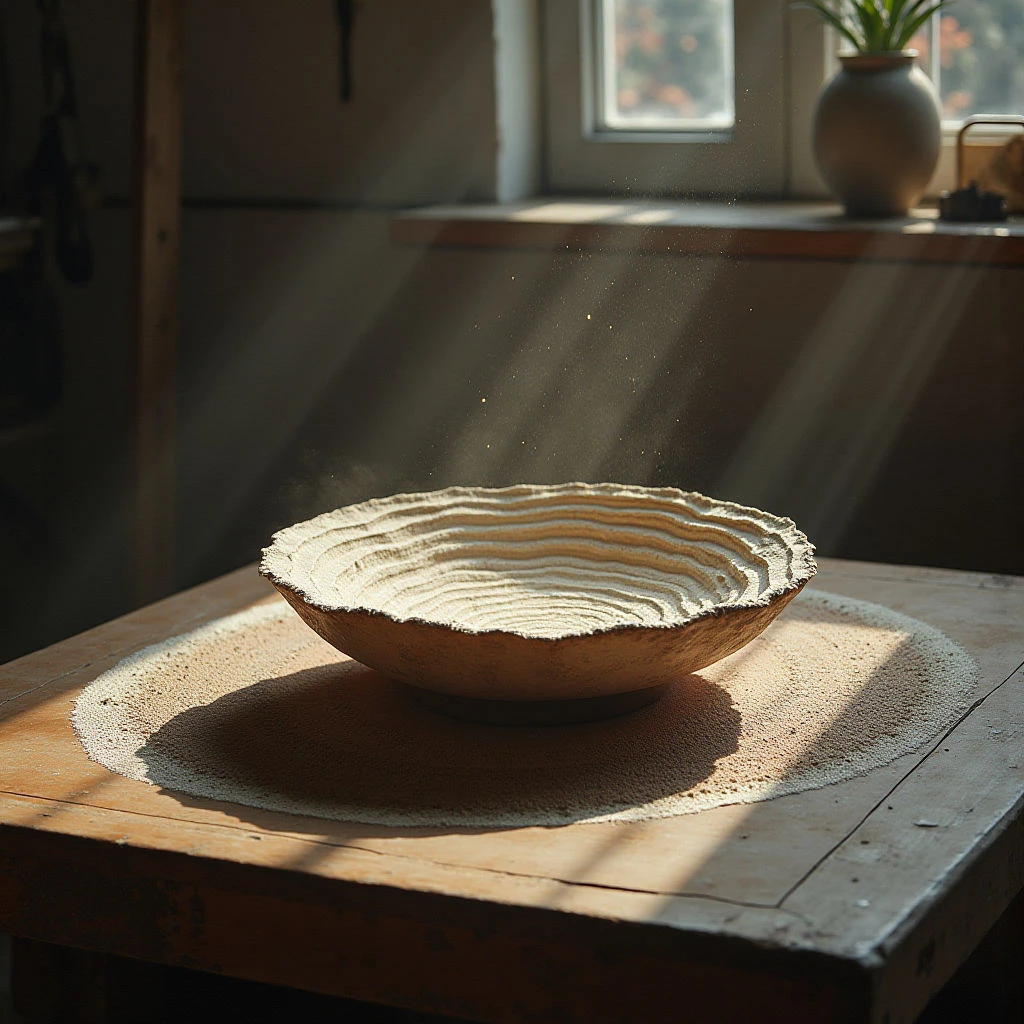 The image features a predominantly warm color palette of browns and creams, with a textured wooden surface dominating the foreground. A shallow, irregular bowl sits centrally, surrounded by a dusting of fine particles, while light streams in from the upper right creating strong diagonal shadows across the table. The background includes blurred shapes suggesting foliage and a ceramic vessel, receding into a softer focus beyond the immediate plane.