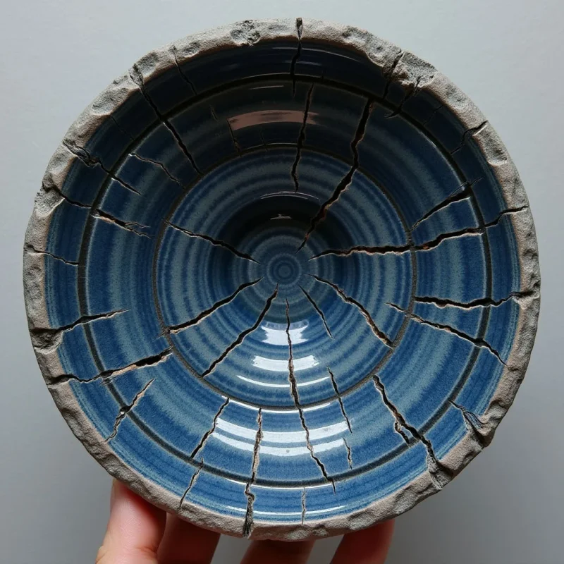 A circular blue ceramic bowl features concentric ring patterns and a rough, sandy-textured rim in a pale beige hue. Darker cracks radiate from the center toward the edge, creating jagged lines across the glossy, deep blue surface. The object is centered against a neutral gray background, with soft light reflecting off its smooth interior.