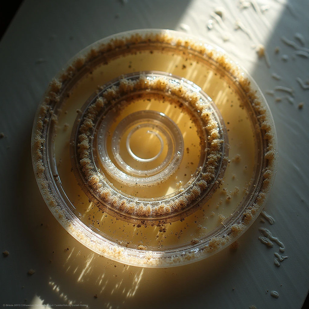 The image features a clear plastic dish containing a pale amber liquid with sediment concentrated in concentric rings around a central, smaller container. Rough, granular textures define the sediment while the liquid appears smooth and reflective, contrasting against the glossy surface of the dish. Bright sunlight casts strong shadows across the scene, highlighting the circular forms and creating depth within the shallow spatial arrangement.