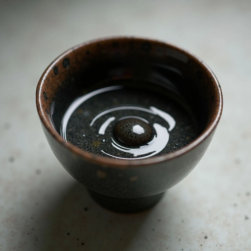 The image features a dark brown ceramic vessel holding a liquid with concentric ripples emanating from a central point. The bowl’s texture appears slightly rough and speckled, contrasting with the smooth, reflective surface of the water within. Soft, diffused light highlights the interior of the bowl and casts subtle shadows on the neutral-toned background, creating a shallow depth of field focused on the vessel itself.