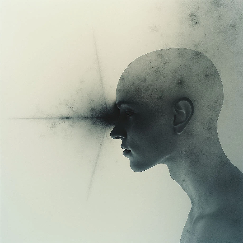 A smooth, dark-toned head is shown in profile against a pale, mottled background. Faint lines intersect behind the head, creating a sense of depth and perhaps confinement. The overall mood is somber and introspective, with a focus on the shape and shadow of the face.