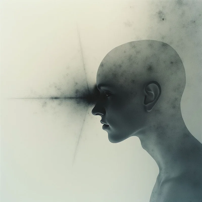 A smooth, dark-toned head is shown in profile against a pale, mottled background. Faint lines intersect behind the head, creating a sense of depth and perhaps confinement. The overall mood is somber and introspective, with a focus on the shape and shadow of the face.