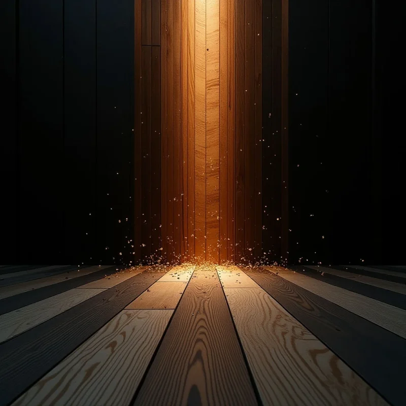 A vertical column of warm, amber light illuminates a central wooden texture, flanked by deep black shadows on either side. Golden particles drift through the air and settle upon a floor of wide, parallel wooden planks that recede into the background. The composition is defined by strong vertical and linear shapes, creating a sense of depth between the brightly lit center and the dark periphery.