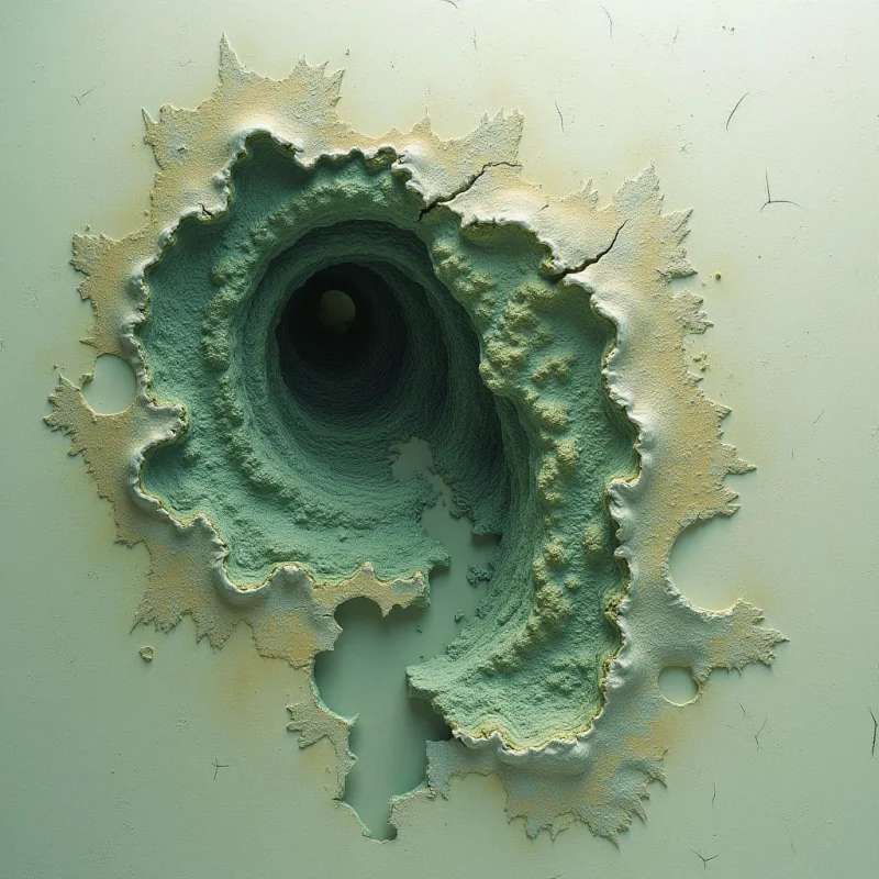 A central, dark circular void recedes into a deep cavernous tunnel of layered, pale green and sandy beige ridges. The jagged, irregular edges of the crater transition from rough, granular textures to smooth, flat surfaces. Soft, diffused light illuminates the undulating slopes, creating subtle shadows within the concentric, organic shapes.