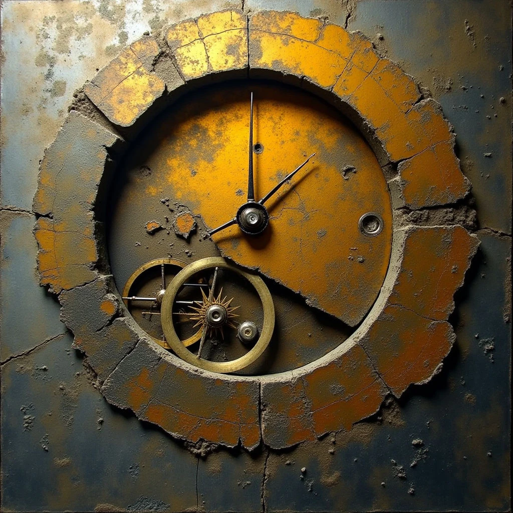 The image features a predominantly warm color palette of ochre and rusty browns contrasted with cooler gray tones. Rough, cracked textures dominate the surface, particularly around a central circular opening revealing clockwork mechanisms; these gears have a metallic sheen. Light appears to originate from within the circle, casting shadows that emphasize the depth and three-dimensionality of the exposed components against the fractured background plane.