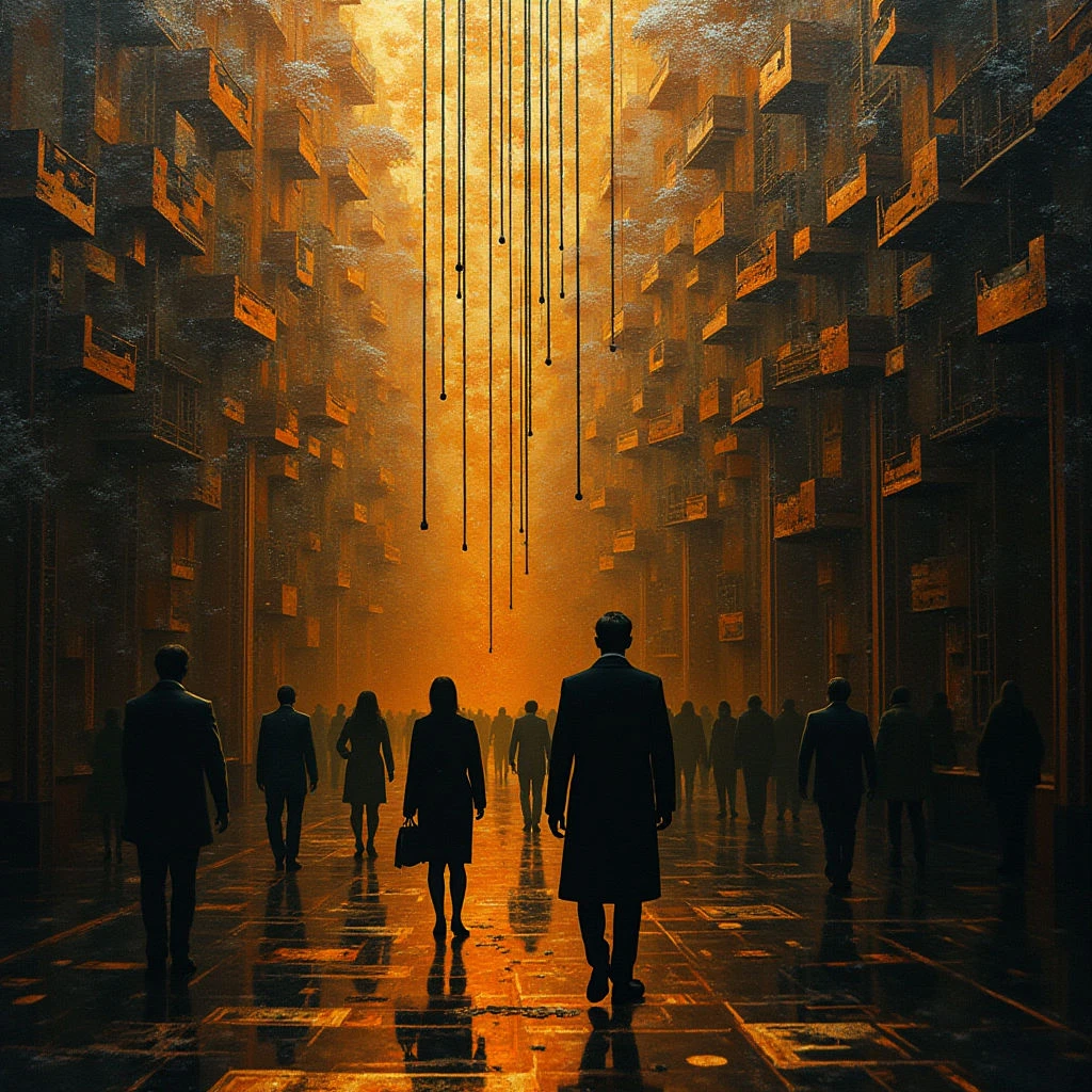 The image depicts a long corridor lined with repeating cubic structures, rendered in warm tones of orange and brown with a gritty texture suggesting aged materials. Silhouetted figures are arranged along a central vanishing point, receding into a bright, hazy light source at the far end; thin vertical lines descend from above throughout the space. The glossy floor reflects the surrounding colors and shapes, creating a sense of depth and symmetry within the composition.