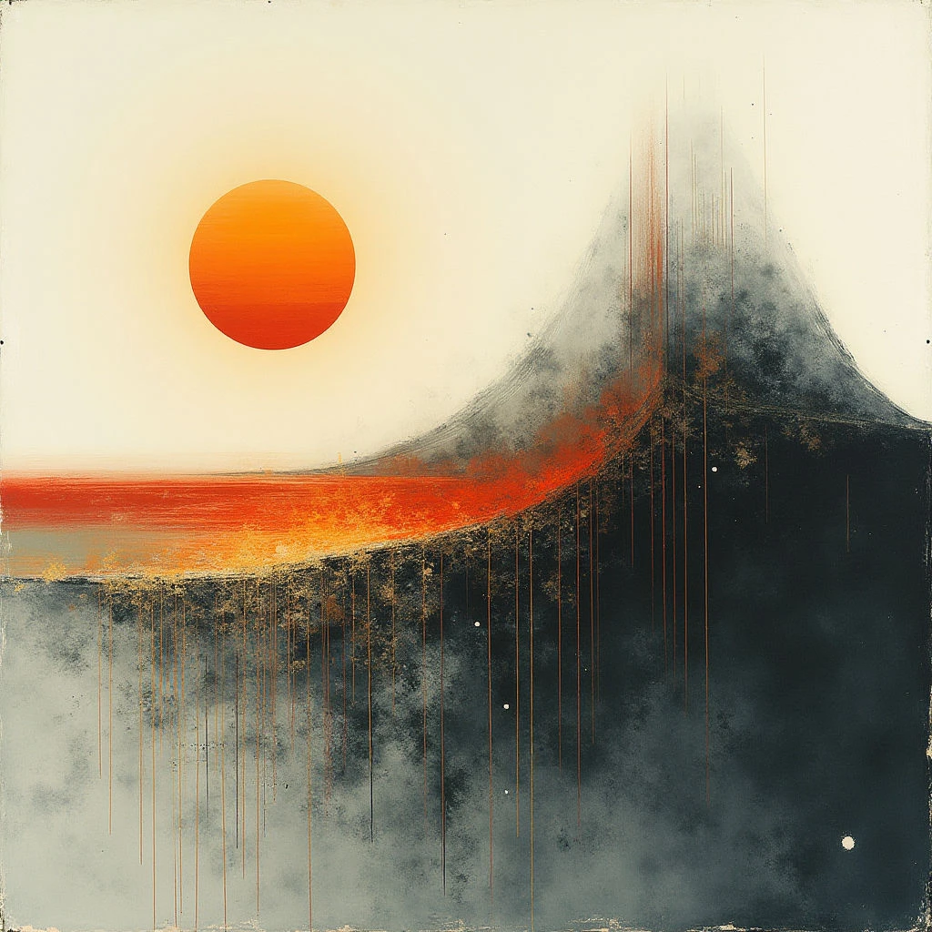 The image features a stark contrast between warm and cool tones, with a bright orange circle positioned against a backdrop of grays and blacks. A textured horizontal band in shades of orange and gold separates the lighter upper section from a darker, more granular lower portion, punctuated by thin vertical lines descending from the division. Spatial relationships suggest depth through layering and gradations of color, with the brighter elements appearing to recede while the darker areas feel closer to the viewer.