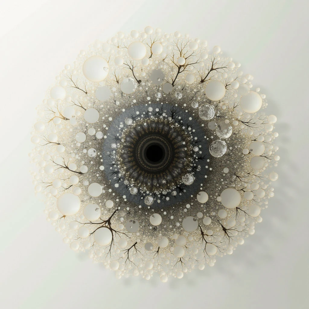 A dark, swirling center resembling an eye is surrounded by a halo of translucent bubbles, each containing the reflection of bare tree branches. The composition appears circular and symmetrical, with the density of bubbles increasing towards the outer edges. It evokes a sense of depth and organic complexity against a pale background.