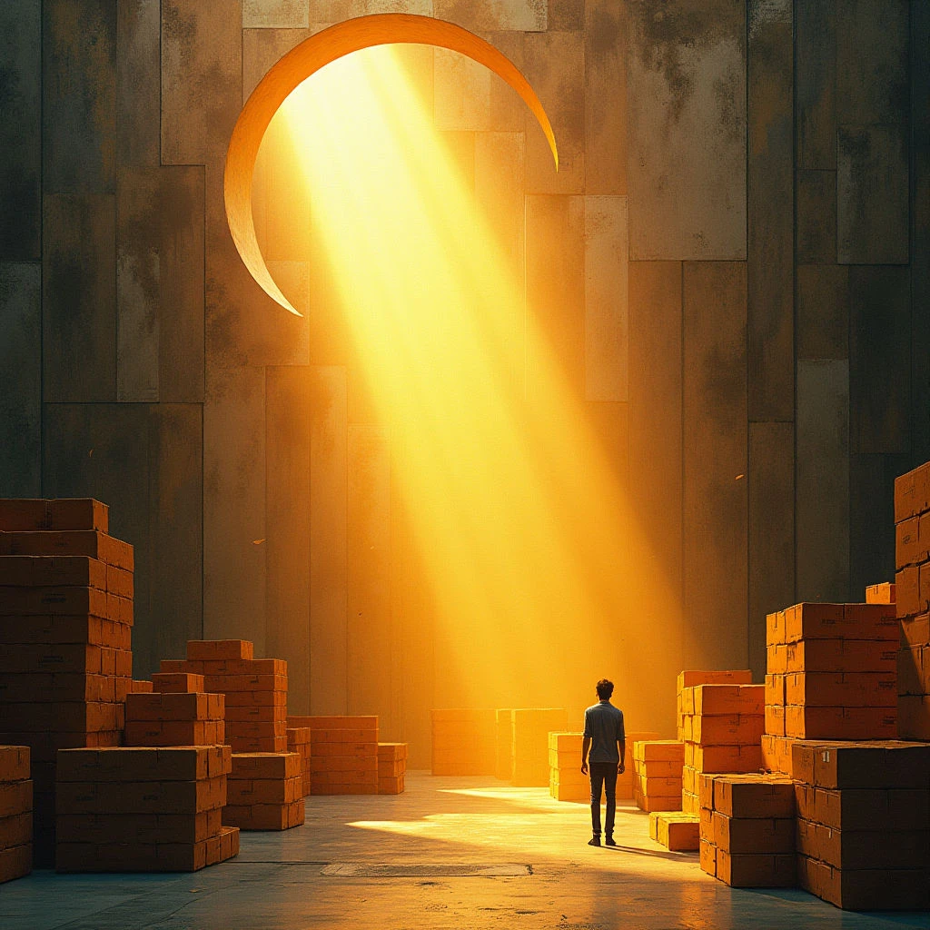 The scene is dominated by warm tones of orange and gold, contrasted with a muted gray background. Rough, blocky textures define both the stacks of boxes arranged symmetrically throughout the space and the large wall behind them, which features a crescent-shaped opening emitting intense light. A solitary figure stands small in the foreground, facing toward the bright illumination and emphasizing the vastness of the surrounding environment.