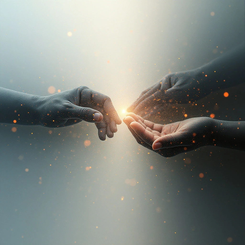 Two hands reach towards each other, nearly touching as a bright spark of light flares between their fingertips. Tiny particles of glowing dust float around the hands and within the luminous energy. The background is soft and blurred, creating a sense of ethereal space.