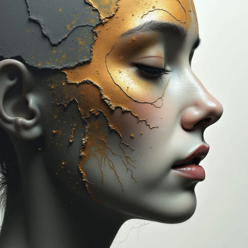 A profile view of a face features smooth, pale skin contrasted by jagged, cracked layers of matte grey and metallic gold textures. The composition is dominated by organic facial curves intersecting with sharp, irregular fissures that spread across the forehead and cheek. Soft, diffused light illuminates the right side of the face against a bright, neutral background, creating subtle shadows within the deep crevices.