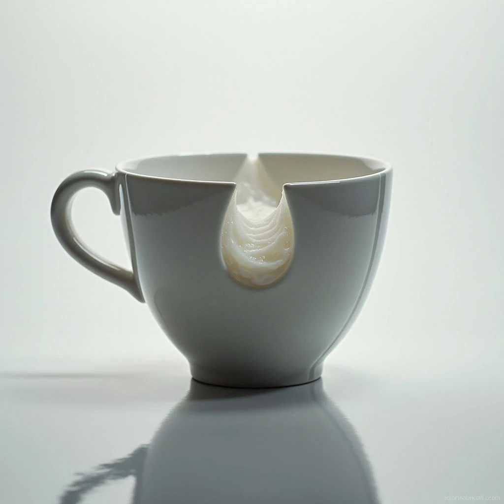 A pale gray teacup is dramatically cracked, with a burst of white foam spilling outwards from the break. The foam appears to resemble waves or teeth, contrasting sharply with the smooth ceramic surface. The cup sits on a reflective gray surface, mirroring its shape and enhancing the sense of disruption.