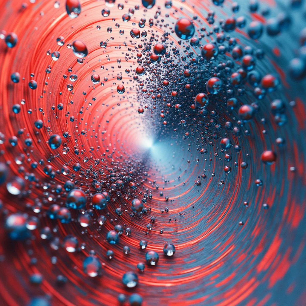 A swirling vortex of red and blue draws the eye towards a bright, central point. Countless droplets of water—some small, some large and spherical—are suspended within the tunnel-like space, reflecting light in varying intensities. The overall effect is dynamic and immersive, suggesting movement and depth.