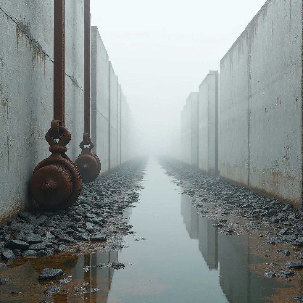 The image depicts a narrow channel flanked by tall, gray concrete walls extending into a hazy distance. Dark, irregularly shaped stones line the edges of a shallow watercourse that reflects the muted light and wall surfaces, while two rusted metal objects are positioned against the left wall. The overall color palette is subdued with grays, browns, and hints of orange from the rust, and the space appears enclosed and linear with diminishing perspective due to the fog.
