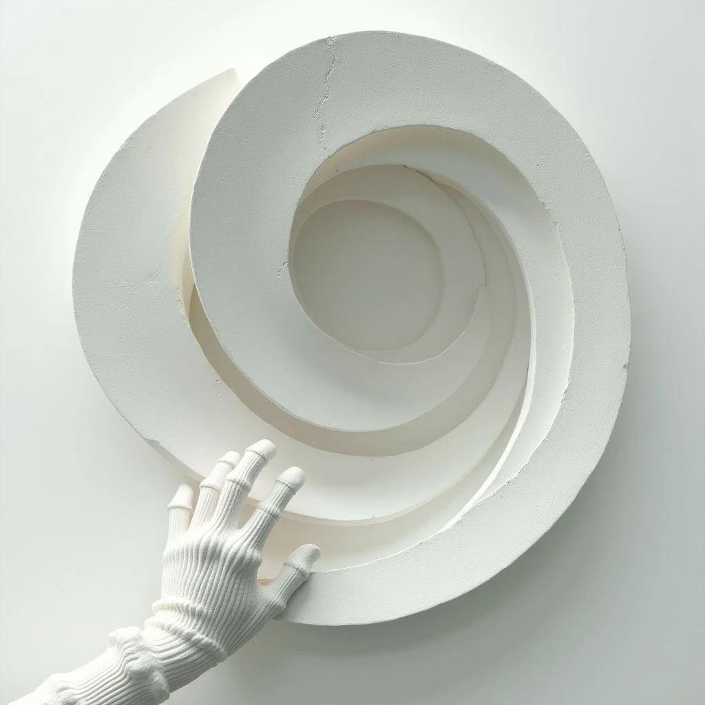 The image features a predominantly white spiral form with concentric rings that appear to be constructed from a matte material, possibly plaster or clay. A hand, also white and textured like knit fabric, extends towards the sculpture, partially obscuring its lower edge. Soft, diffused light illuminates the scene, creating gentle shadows within the curves of the spiral and minimal contrast across the composition.