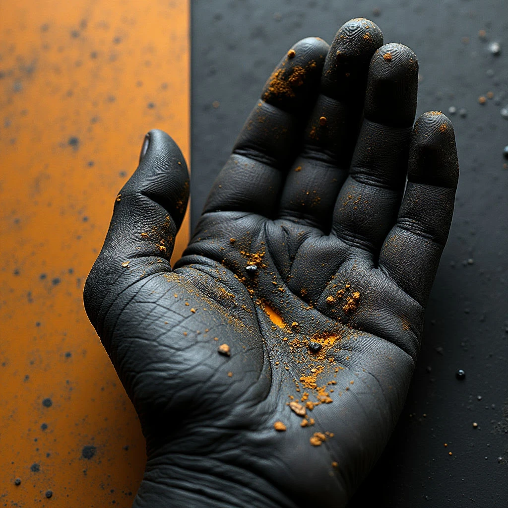 The image features a dark hand with granular orange material scattered across its palm and fingers, set against a split background of solid orange and dark gray surfaces. The hand exhibits pronounced textures in the wrinkles and creases of the skin, contrasting with the rougher texture of the particles. Light appears to be focused on the hand itself, creating shadows and highlighting the spatial separation between it and both background planes.