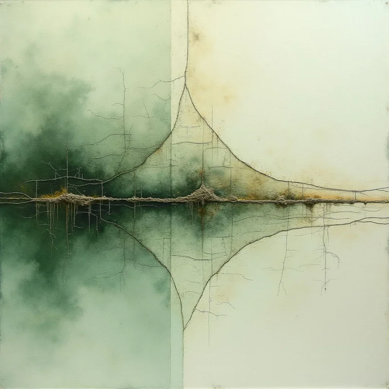 A horizontal line of textured, dark organic matter bisects a canvas divided vertically into pale cream and muted sage green sections. Fine, branching lines create a web-like pattern that radiates from the center, mirroring across the horizontal axis to form a symmetrical, diamond-like shape. The composition features soft, diffused light and subtle gradients that blend the earthy tones with smooth, atmospheric textures.