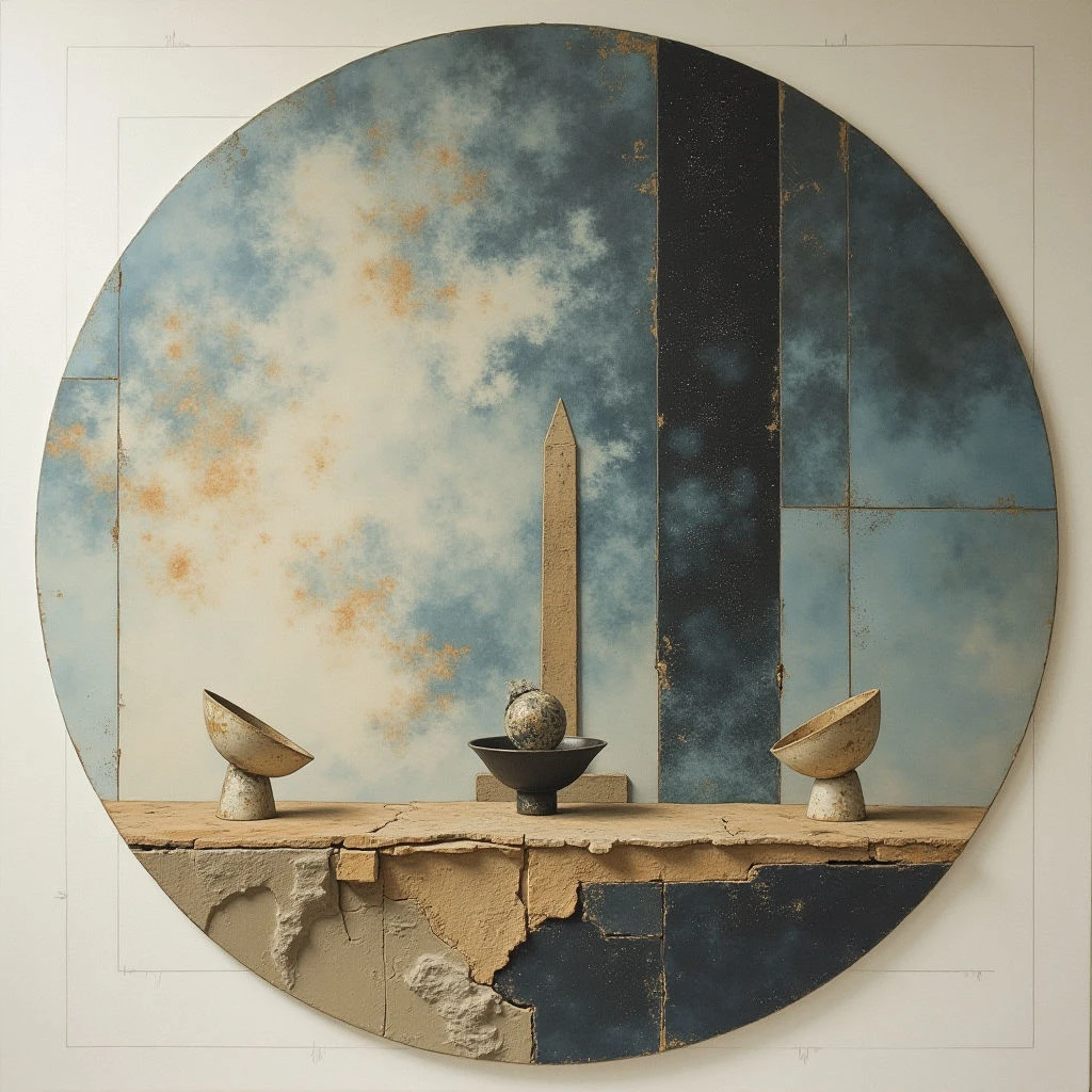 The image depicts a circular arrangement of objects against a backdrop of cloudy blue sky and dark rectangular forms. A rough, textured stone ledge occupies the lower portion, supporting two shallow bowls flanking a small dark vessel and a pointed obelisk-like shape. Soft light appears to originate from above, casting subtle shadows and highlighting the varied textures of the stone and metallic vessels within a relatively shallow space.