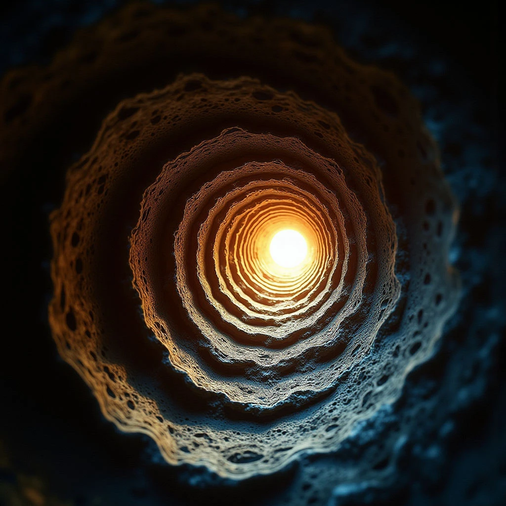 The image centers on a spiraling tunnel receding into bright light, with concentric rings of textured surfaces defining its form. Colors range from deep blues in the periphery to warm golds and whites closer to the illuminated center. The overall spatial arrangement suggests depth and perspective converging towards a single point of intense luminosity.
