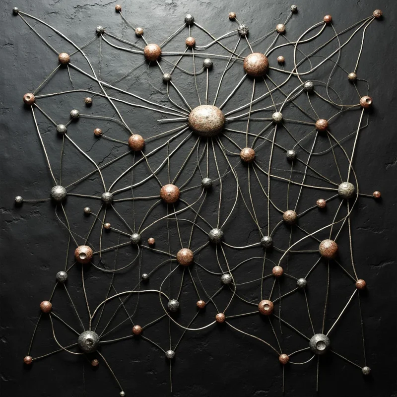 A network of thin, intersecting lines connects numerous spherical nodes of varying sizes across a dark, textured background. The spheres feature metallic and earthy tones in shades of bronze, silver, and copper, casting soft shadows that create depth against the matte surface. Light illuminates the composition from above, highlighting the smooth curves of the spheres and the fine filaments of the web-like structure.