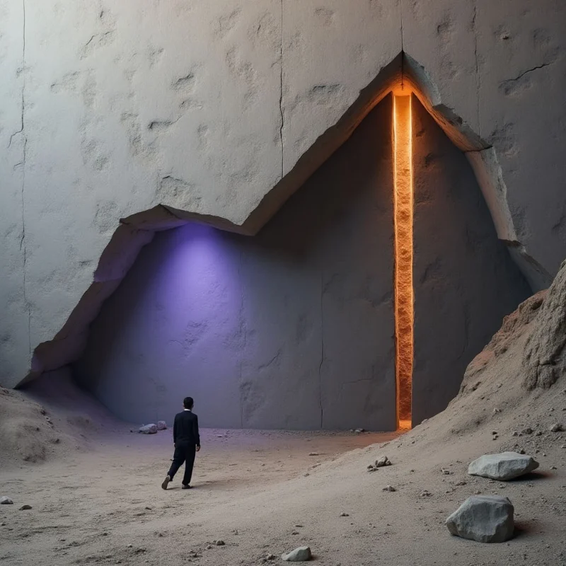 A large, textured gray wall features a jagged, irregular opening that reveals two contrasting interior glows: a soft purple light on the left and a narrow, vertical slit of bright orange light on the right. A lone figure in dark clothing walks across a sandy, rocky ground toward the cavernous space. The composition is defined by sharp geometric fractures in the stone surface and a vast sense of scale between the small human form and the massive wall.