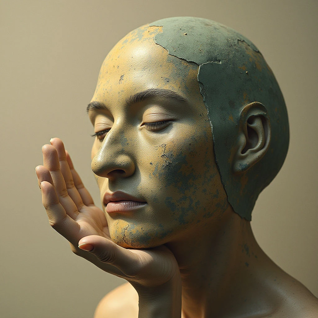 The image features a close-up of a human head with a cracked and weathered surface in shades of gold and teal. Light falls across the face from the left, highlighting the contours of the nose and cheekbone while casting shadows within the fissures of the textured skin; the hand is similarly lit, resting against the jawline. The background is a smooth, neutral tan tone, creating a shallow depth of field that focuses attention on the head’s form.