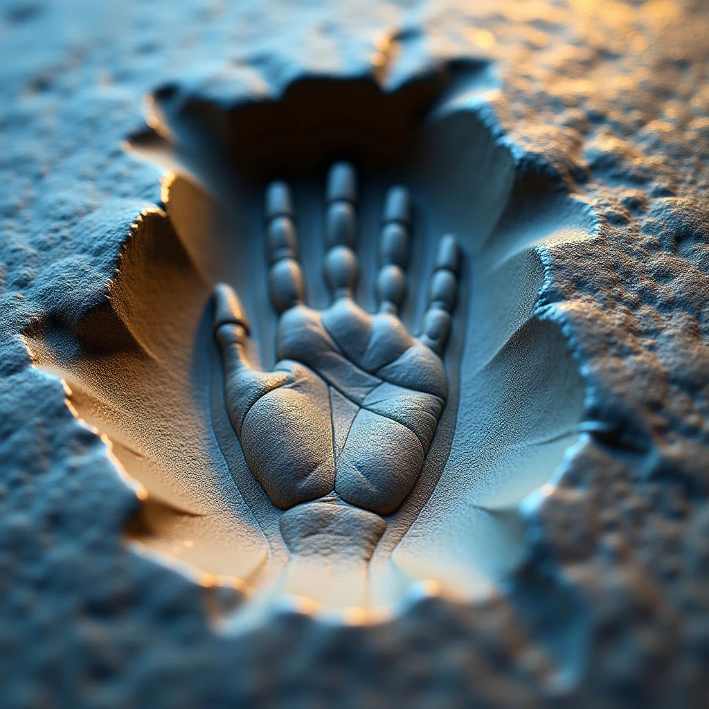 The image features a handprint deeply impressed into a rough, textured surface with cool blue and gray tones dominating the palette. Warm golden light highlights the edges of the impression and casts shadows within its depths, emphasizing the three-dimensional form of both the hand and surrounding material. The composition centers on this central indentation, creating a strong focal point and a sense of depth due to the contrast between raised and recessed areas.