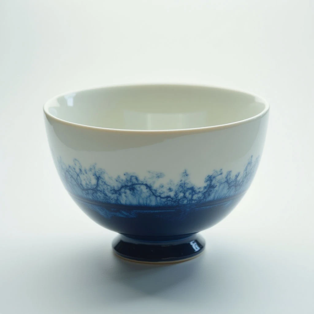 The image features a rounded bowl with a white interior and a dark blue exterior band decorated with branching, tree-like forms. The texture appears smooth on the inner surface and slightly mottled within the blue design, contrasting with the glossy finish of the overall ceramic form. Soft, diffused light creates subtle gradients across the bowl’s curves and casts a gentle shadow onto the pale background, emphasizing its central placement in the frame.