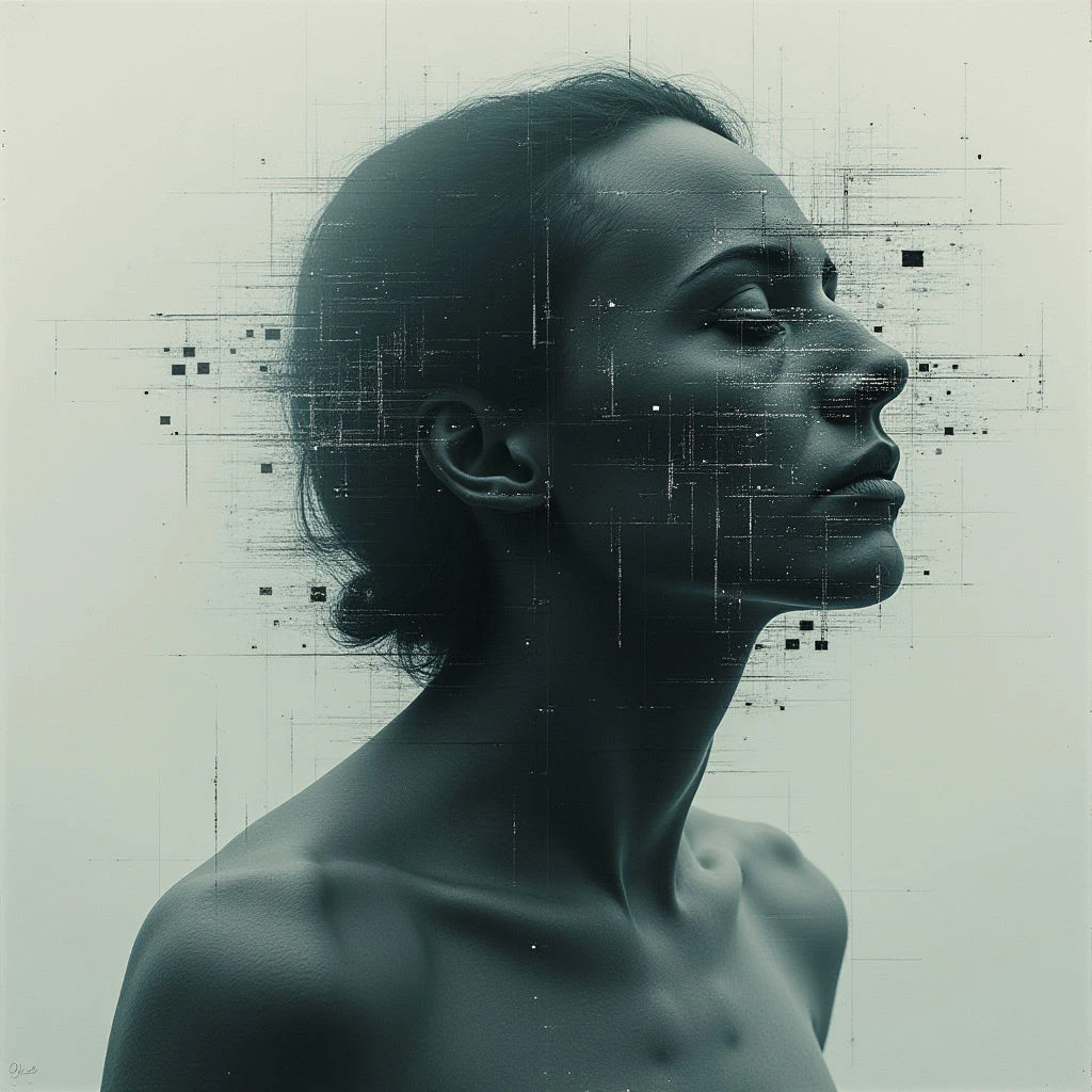 A woman’s face is shown in profile, gazing slightly upwards with her eyes closed. Her form appears to be dissolving into a network of thin black lines and geometric shapes, almost like digital code overlaid on her skin. The overall tone is cool and muted, creating a sense of mystery and perhaps fragmentation.