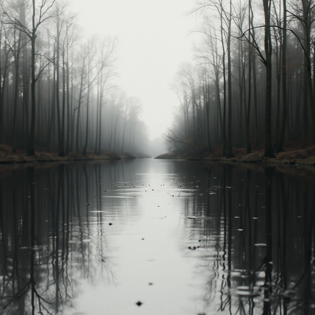 A still, dark waterway cuts through a dense forest of bare trees. Heavy fog obscures the distance, creating a bright, hazy glow at the far end of the channel. The water reflects the trees and sky, mirroring the somber mood of the scene.